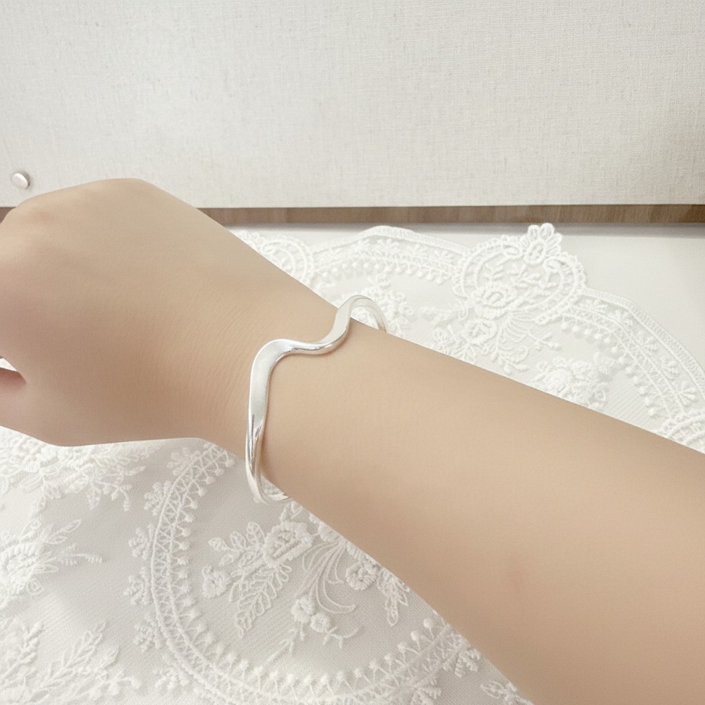 Minimal Silver Plated Open Cuff Bangle Organic Bracelet Adjustable Gift for Her