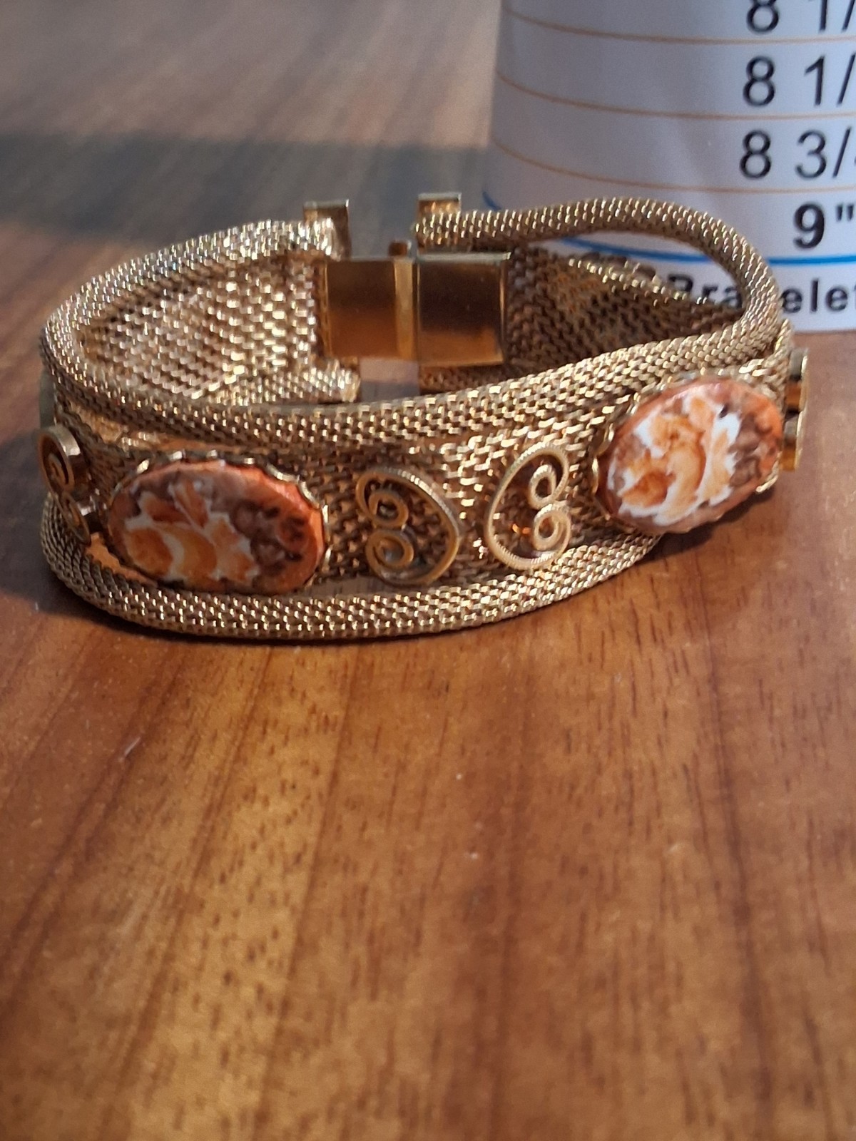 Gold Tone Metal Mesh Cuff Bangle Bracelet w/ 4 Oval Cameo Cabochons Clasp