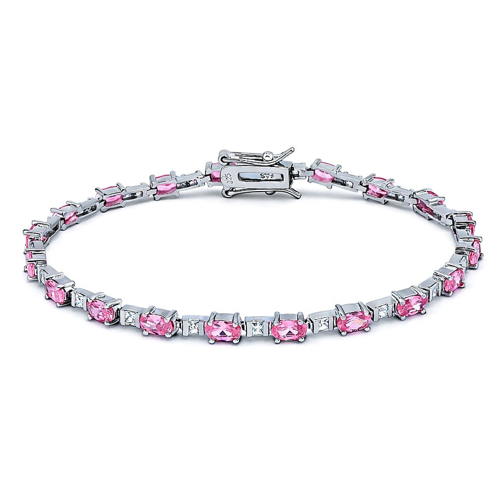 925 Sterling Silver Pink & White CZ Duo Oval Mini Tennis Bracelet 7.25 inches