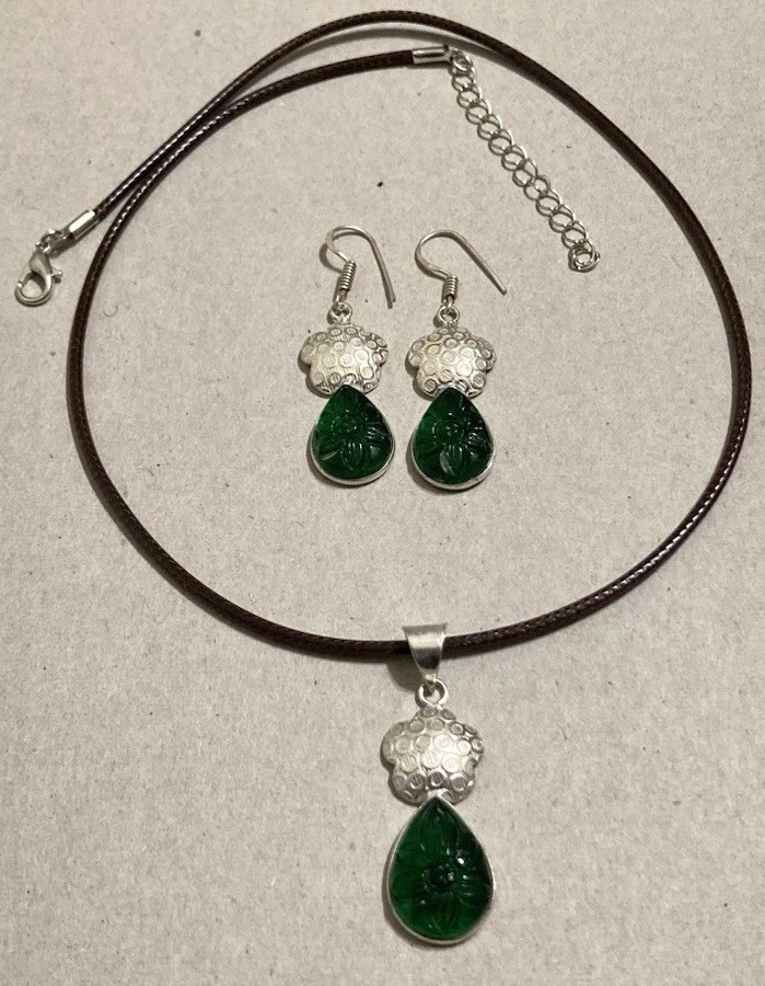 Green Chromium Diopside Earrings Necklace Pendant Jewelry Set Flower Teardrop