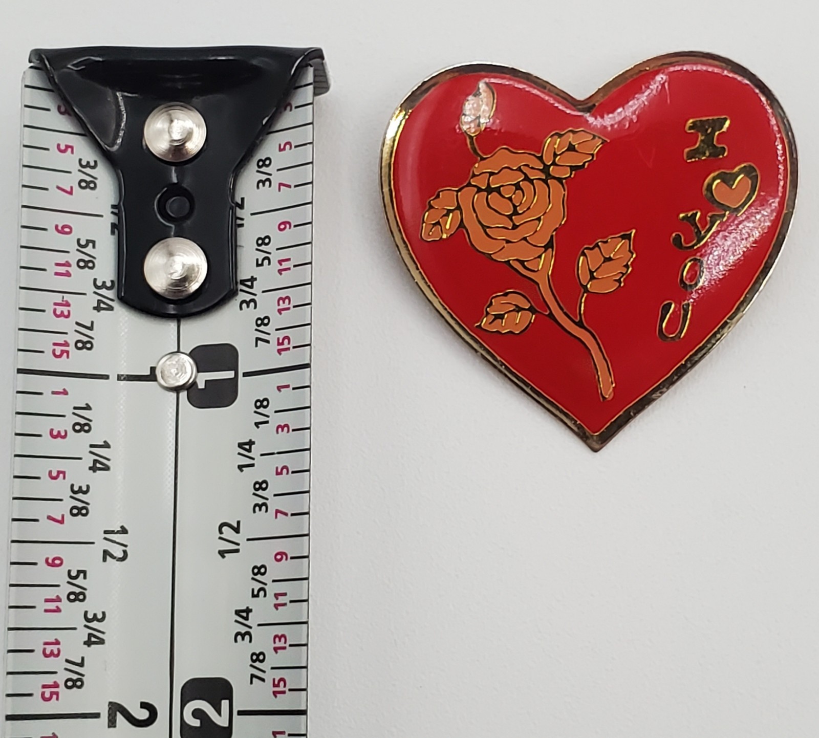 I Heart You Rose Pin 1.25in Red Gold Tone Enamel I Love You VTG Estate Brooch