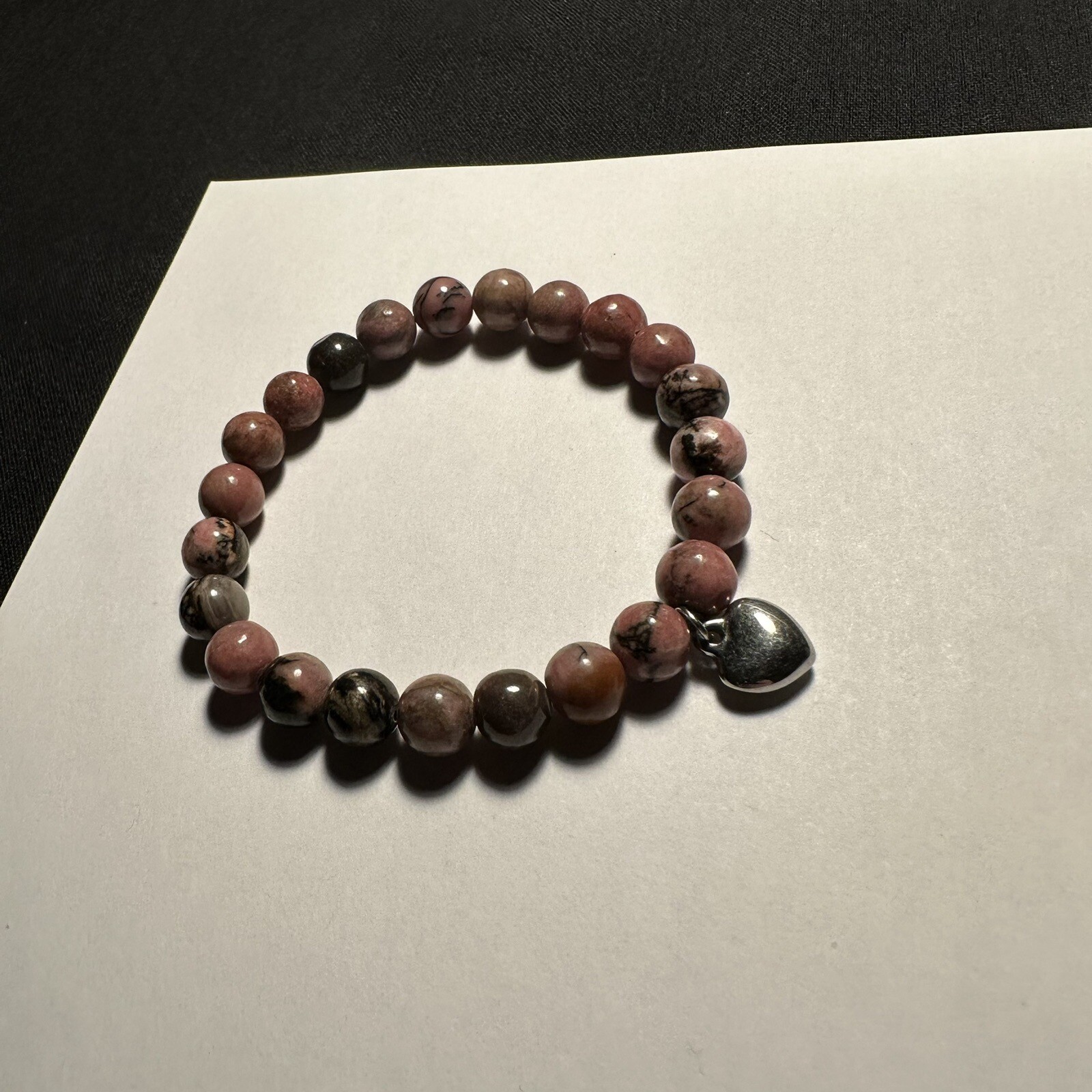 Beaded Semi Precious Gem Stone Stretchy Bracelet 6 3/8 Inch Heart Charm