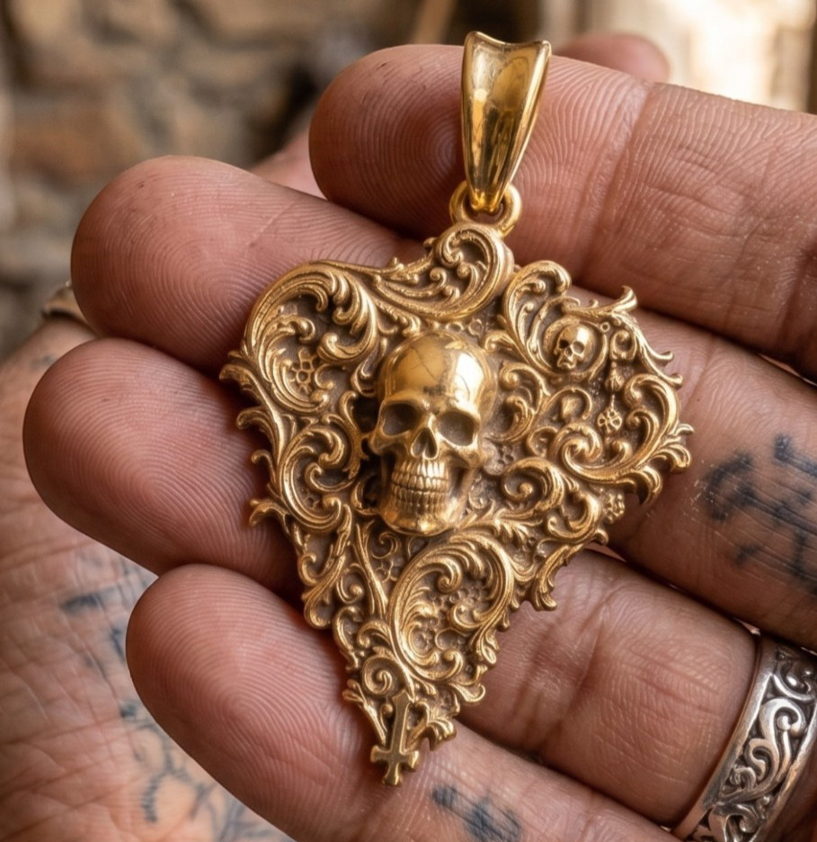 Gothic Skull Heart Pendant, Baroque Filigree Necklace Charm, Memento Jewelry