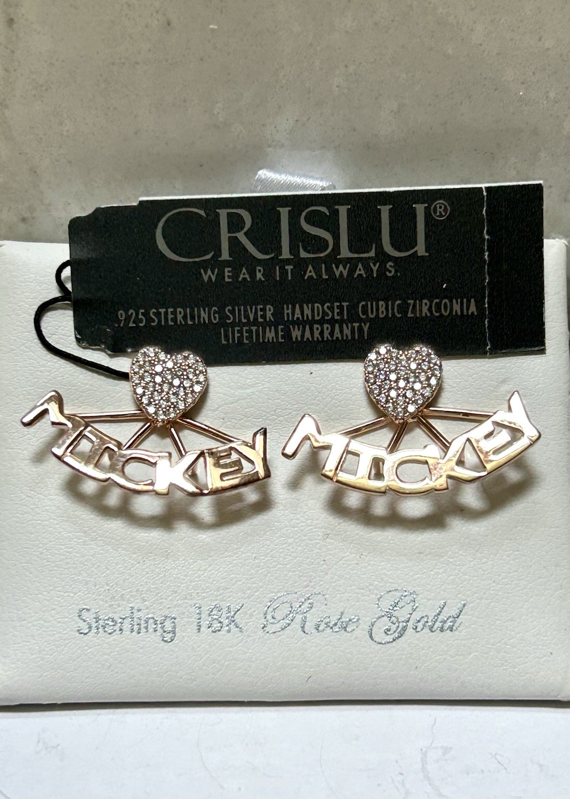 Crislu 925 Sterling Silver 18K Rose Gold Heart ‘Mickey’ Cubic Zirconia Earrings