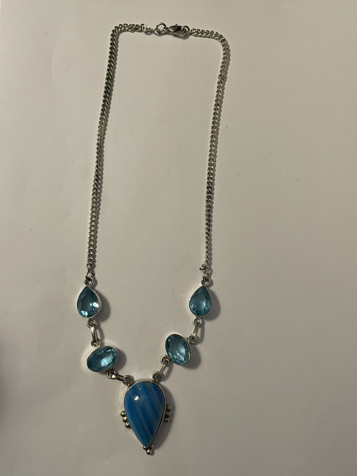 STERLING SILVER 925 NECKLACE 17″ Teardrop Blue gems 27 grams