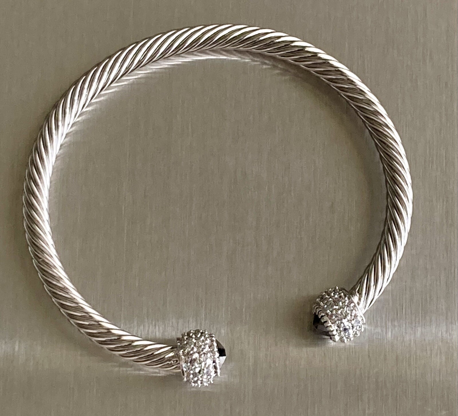 Silver Tone Twisted Cable Cuff Bracelet Clear & Jet Black Crystals 7.25in 20.6g