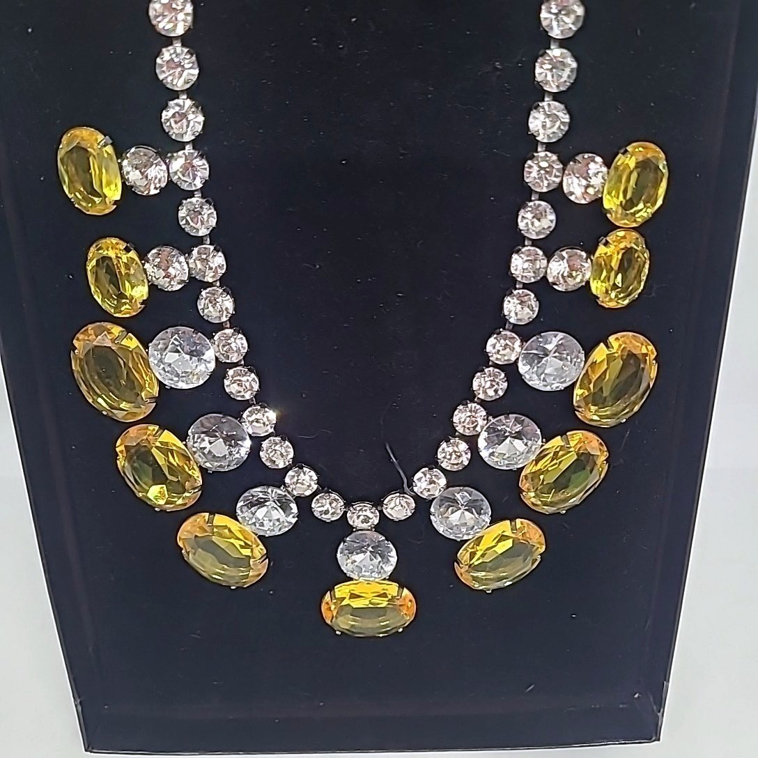 Necklace Yellow Clear Crystal Gunmetal Bib Statement Glamor