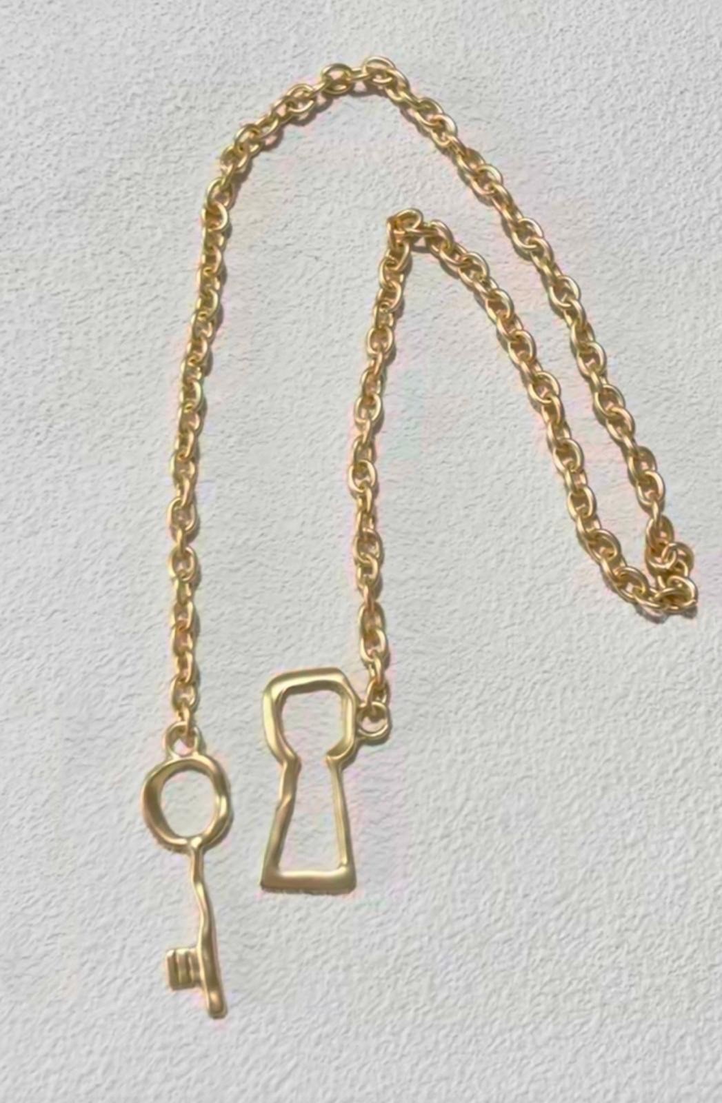 Gold Plated Satin Finish Key Pendant Necklace Vintage Style Statement Jewelry