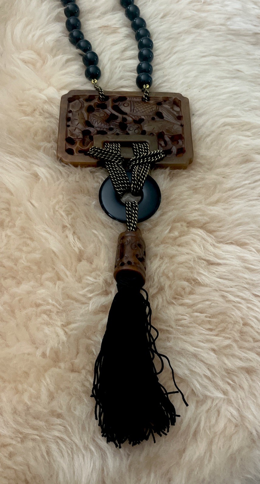 Heidi Daus Asian Design Chinoiserie Necklace Onyx Beads Carved Pendant Tassel