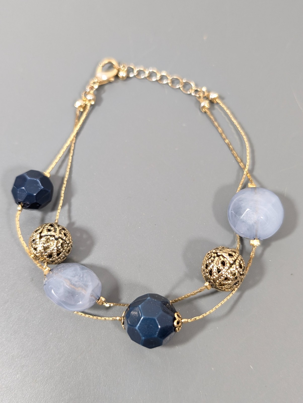 Coastal Chic Blue Gold Tone Filigree Ball Double Chain Bracelet 9 in