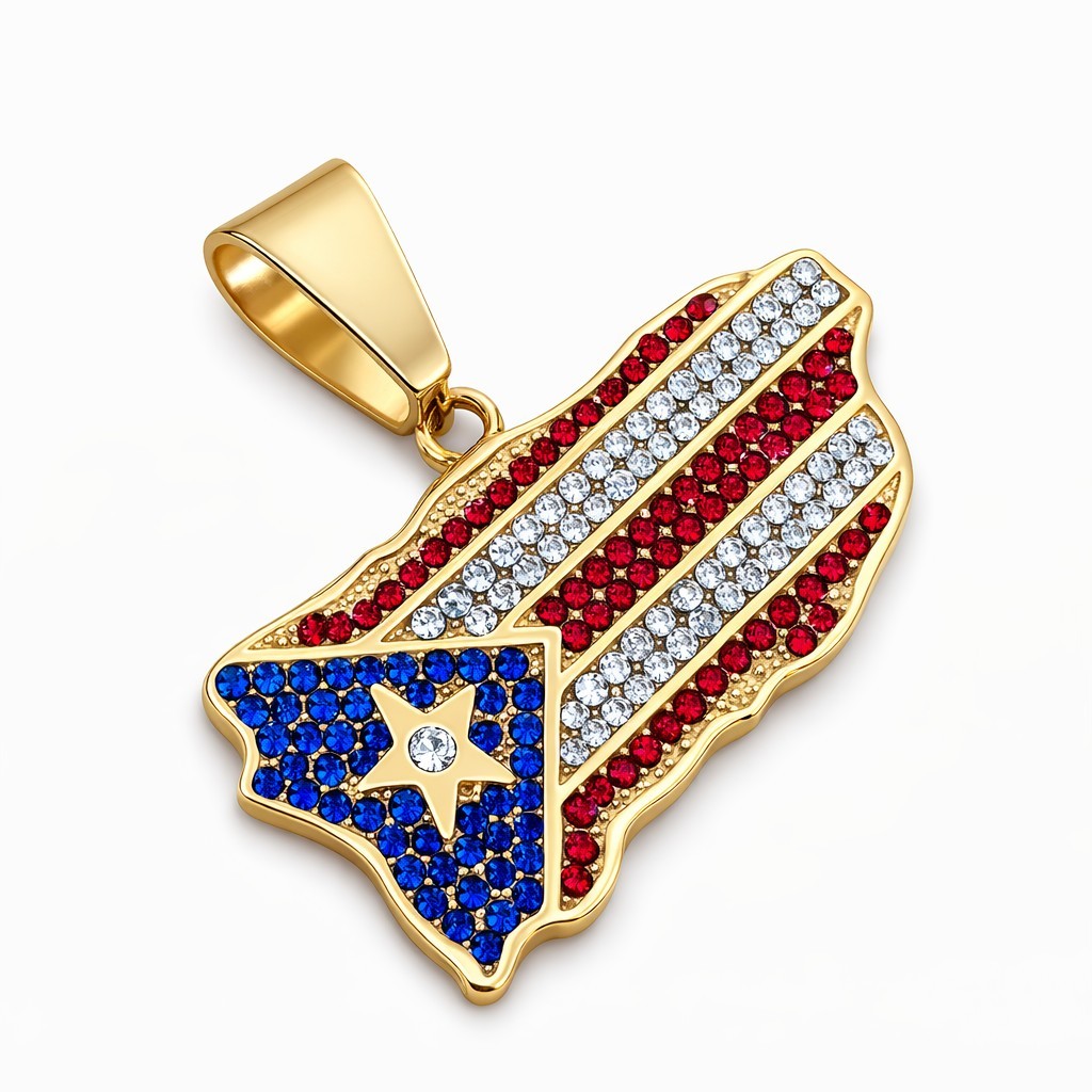 Puerto Rico Gold Plated Stainless Steel 24″ Chain 6mm Necklace Flag Pendant