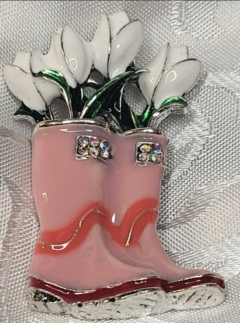 Brooch Pink Flower Rain Boots Rhinestone Pin Sparkly New Costume Jwelery