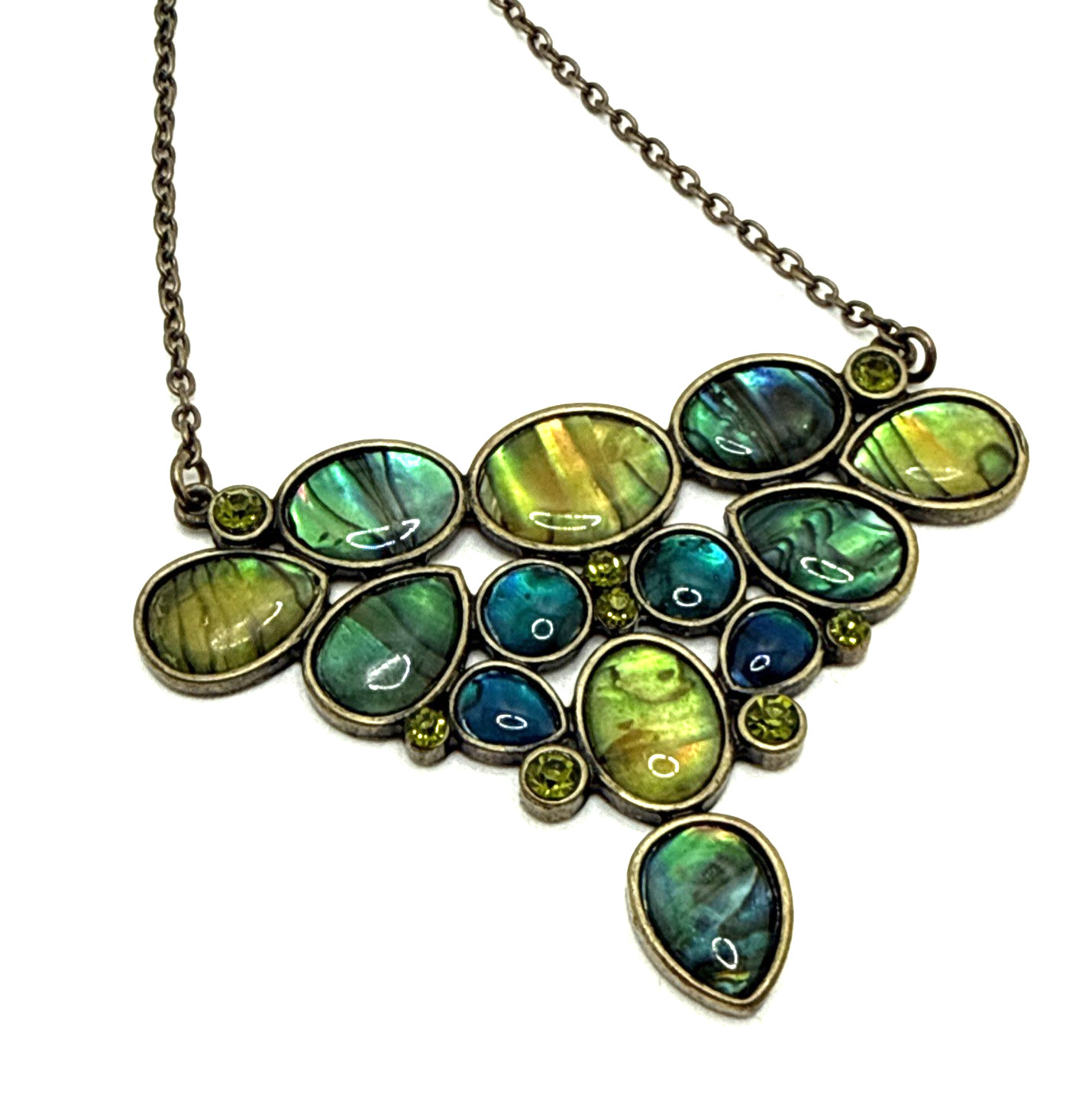Abalone Pendant Necklace Bronze Tone Oval Cabs Green Rhinestone Accent 19″ – 22″