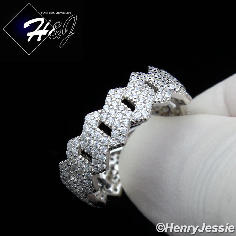 925 STERLING SILVER FULL ICY BLING CZ GOLD PLATED/SILVER CUBAN CURB RING*SR174