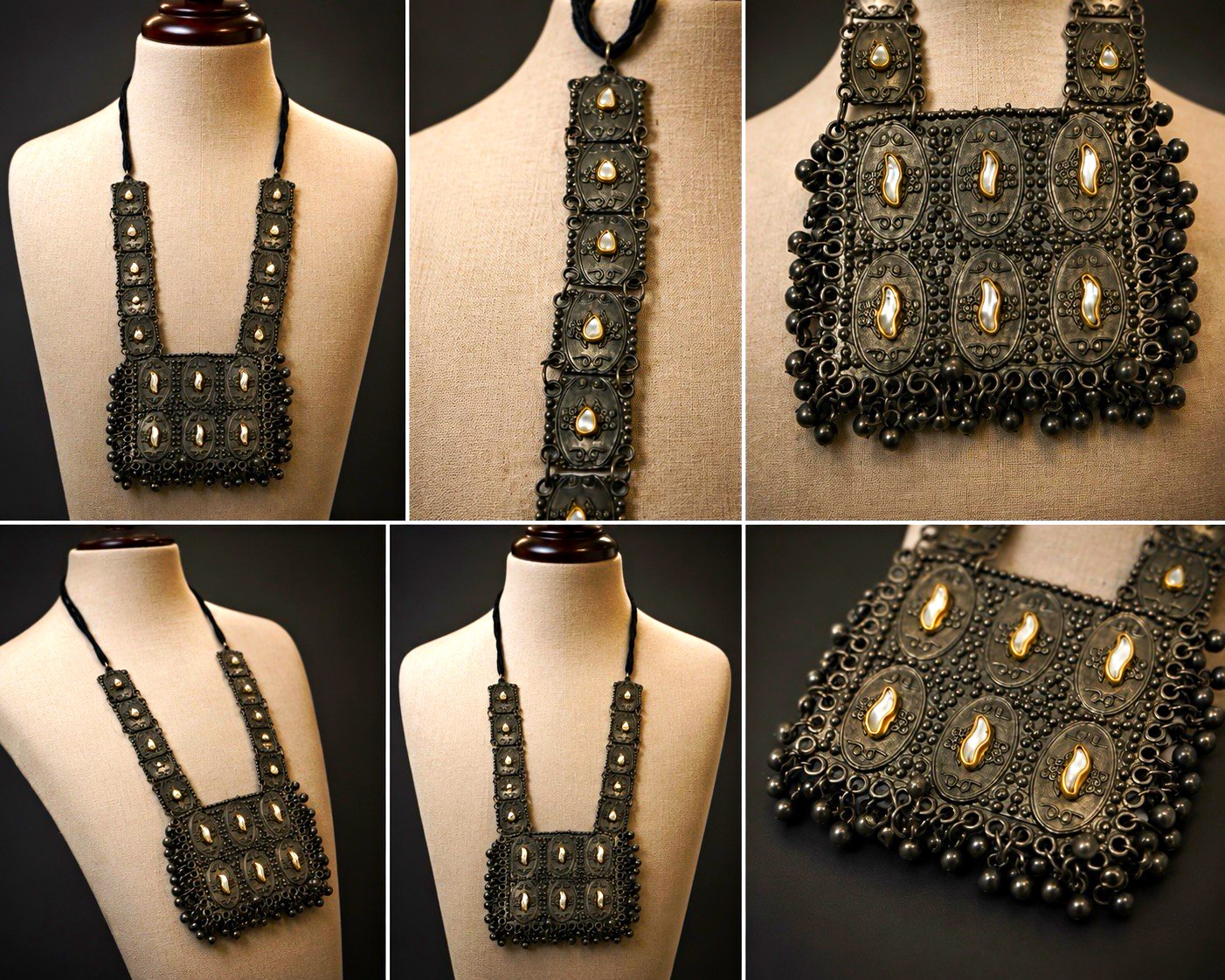Black Beaded Bib Statement Necklace Clear Oval Stones 8pc Rectangle Pendant