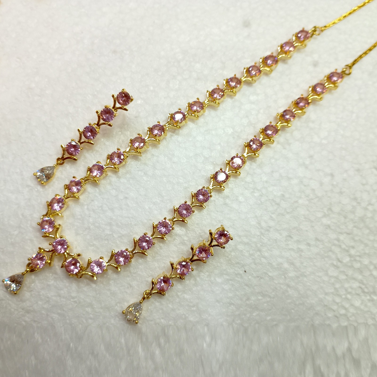 22K Gold Plated Pink Morganite Choker Set Handmade Round Crystal Party Necklace