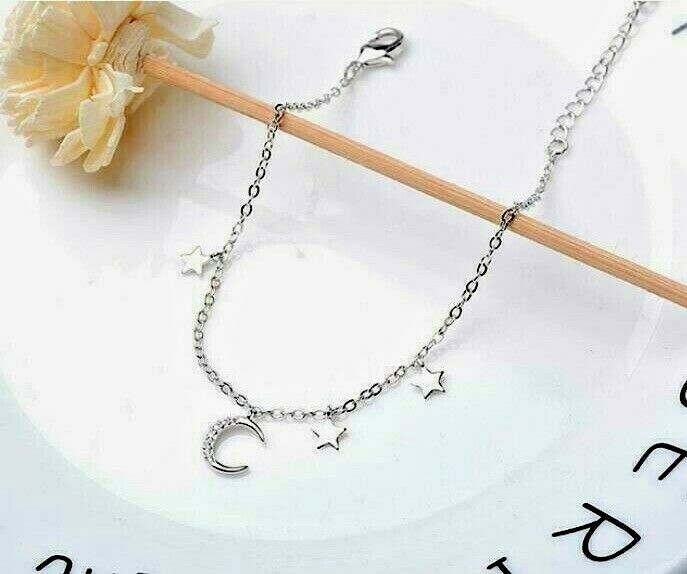 Love Stars Moon Silver Pave Cubic Zirconia Women Bangle Bracelet 6+2″