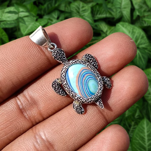 Blue Rainbow Calsilica Gemstone Tortoise Pendant 925 Silver Plated Wow Jewelry