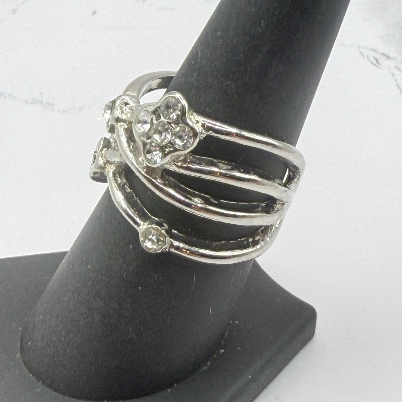 Silver Tone Wrap Ring Size 8 Floral Cluster Clear Rhinestone Band
