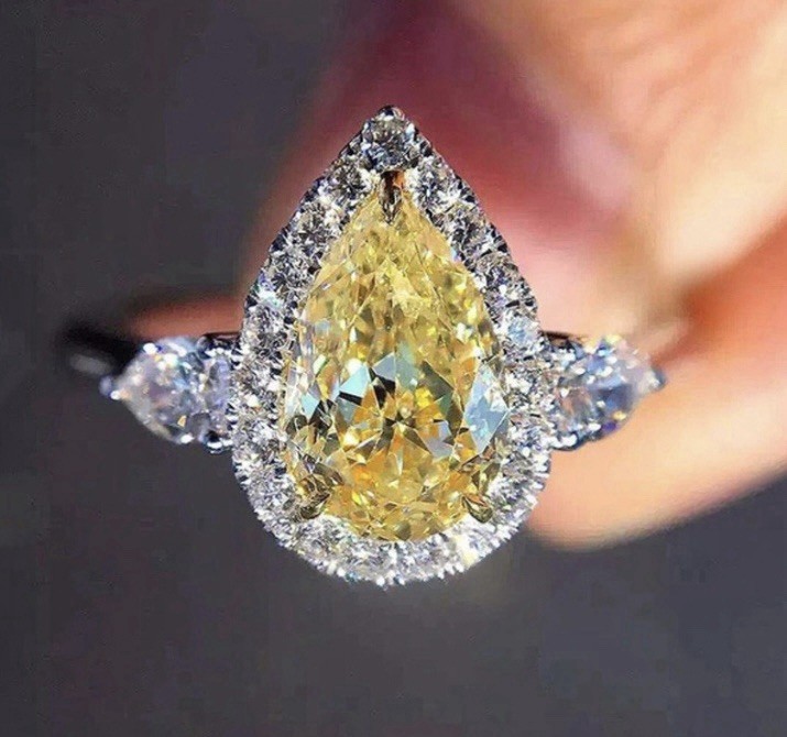 Sparkling Natural Yellow Citrine CZ Halo Teardrop Necklace & Ring Size 10 Set