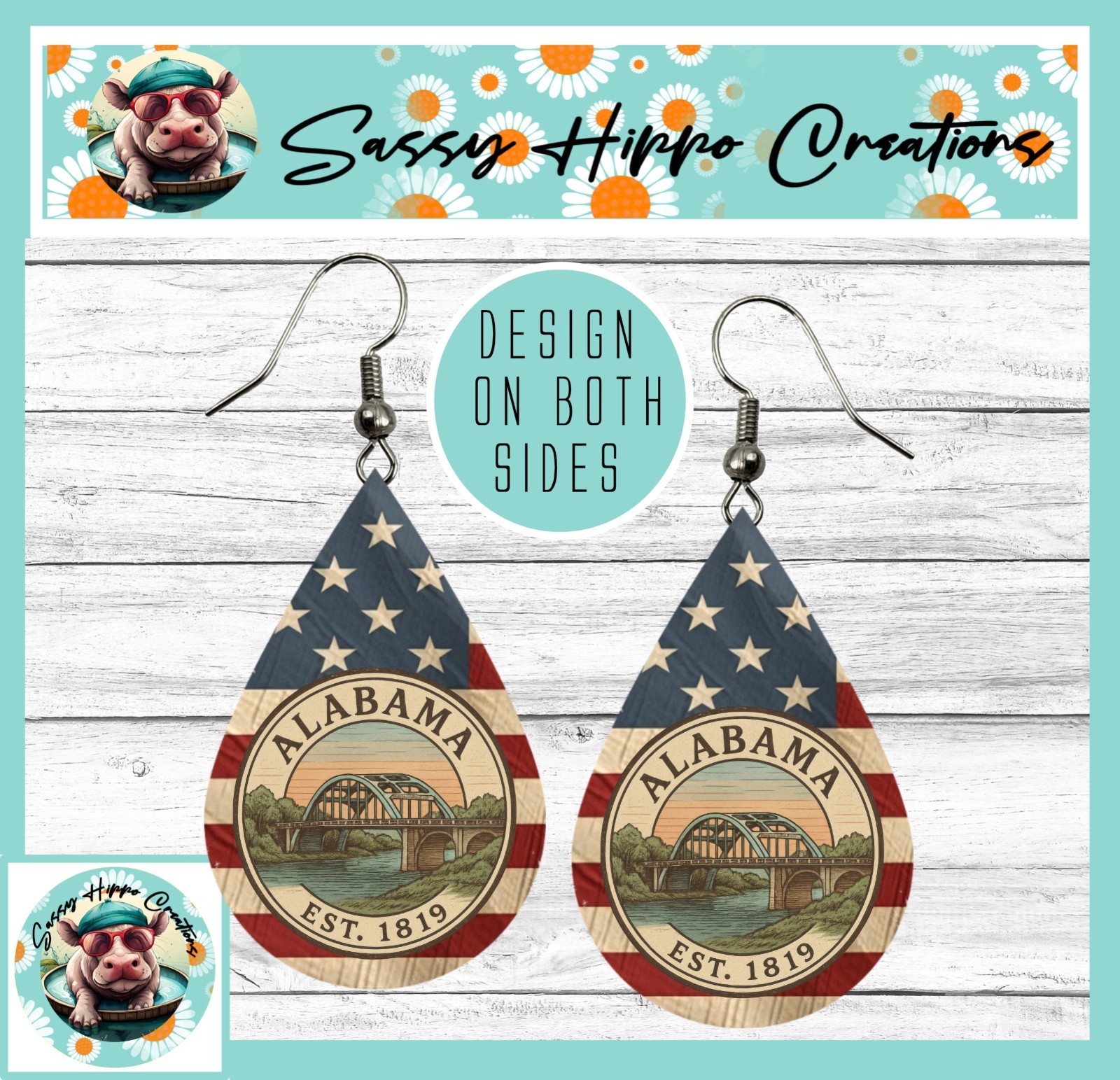 Earrings Teardrop Silver Hook Backs Alabama Established 1819 USA Flag Patriotic