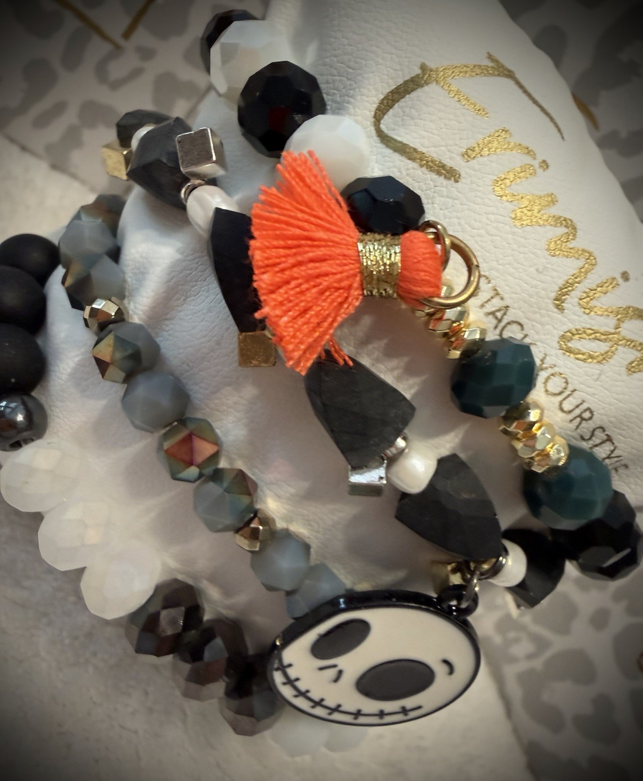 NEW! ERIMISH BRACELETS 5 pc stack – Orange, Green & Gold Halloween Skulls