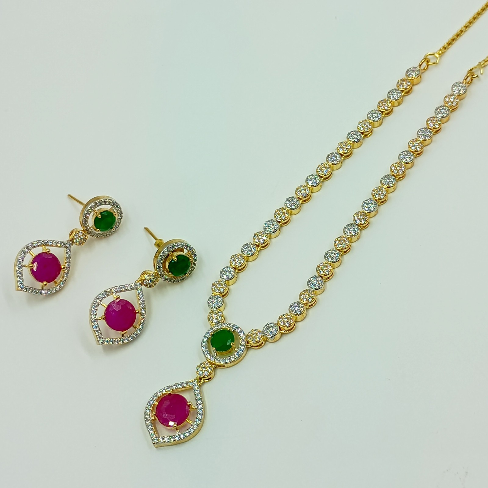 Round Stone Ruby Emerald Necklace Set 22k Gold Plated South Indian Jewelry