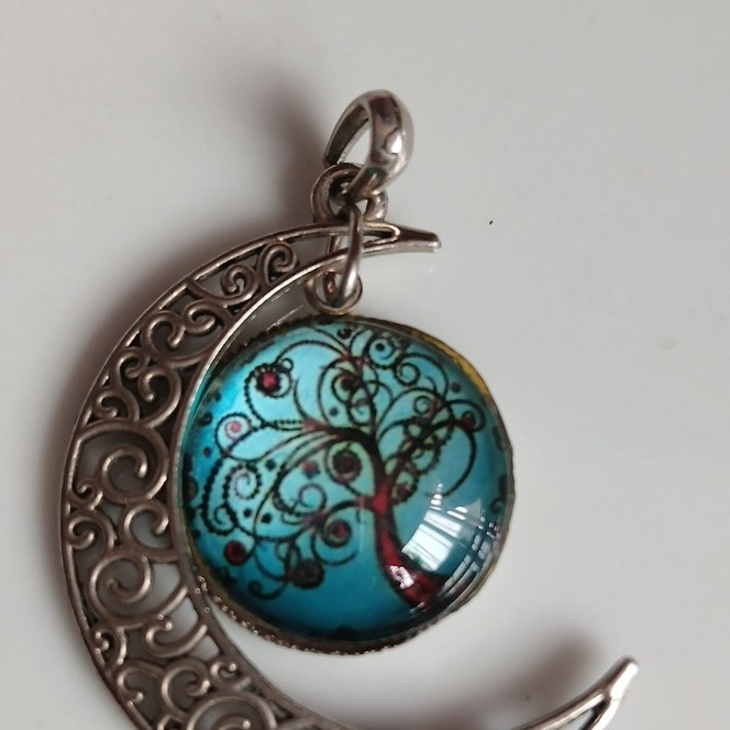 Silver Tone Crescent Moon Tree of Life Pendant Charm Blue Round Cabochon