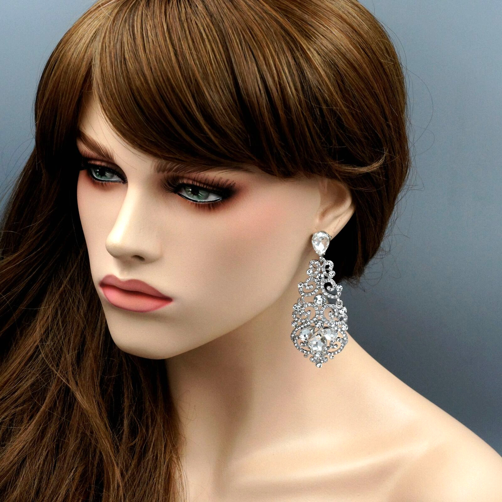 Dangle Earrings Clear Crystal Rhinestone Silver Plated Women Victorian Wedding 6