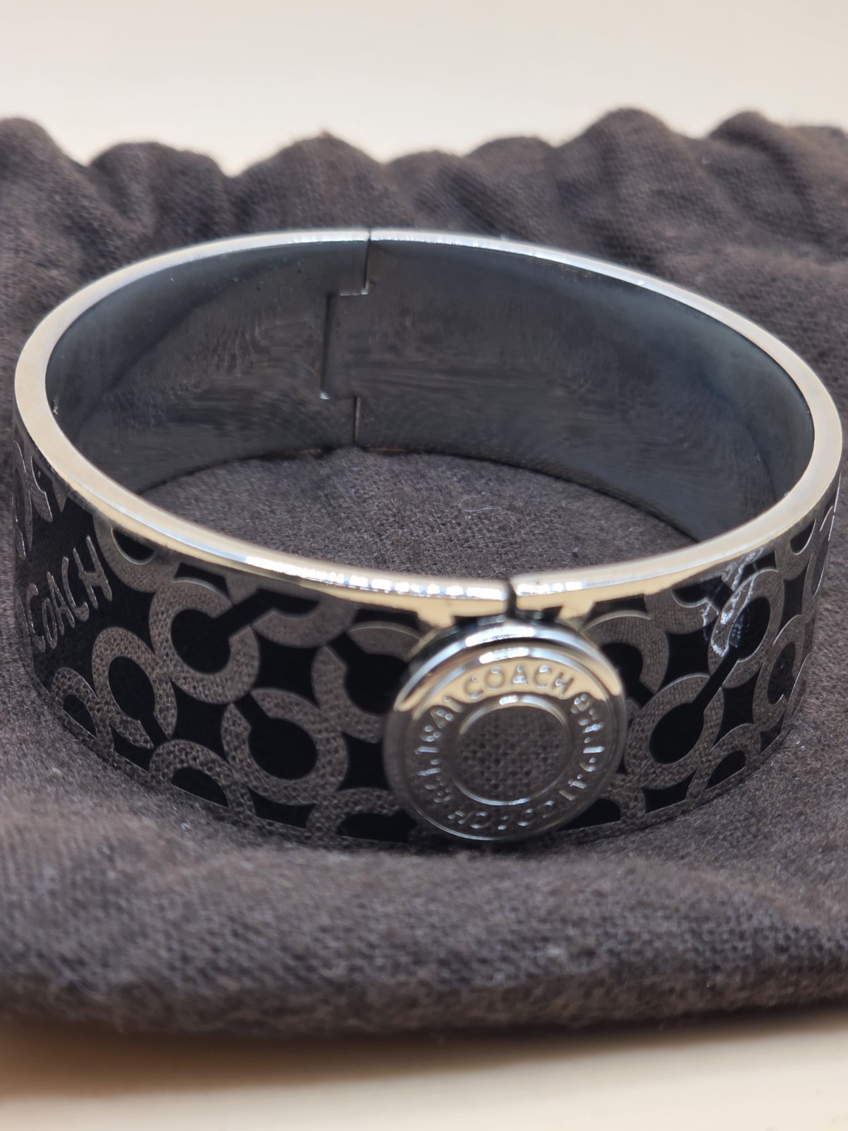 Coach Silver Tone Black Enamel Signature C Logo Cuff Bangle Bracelet Signed