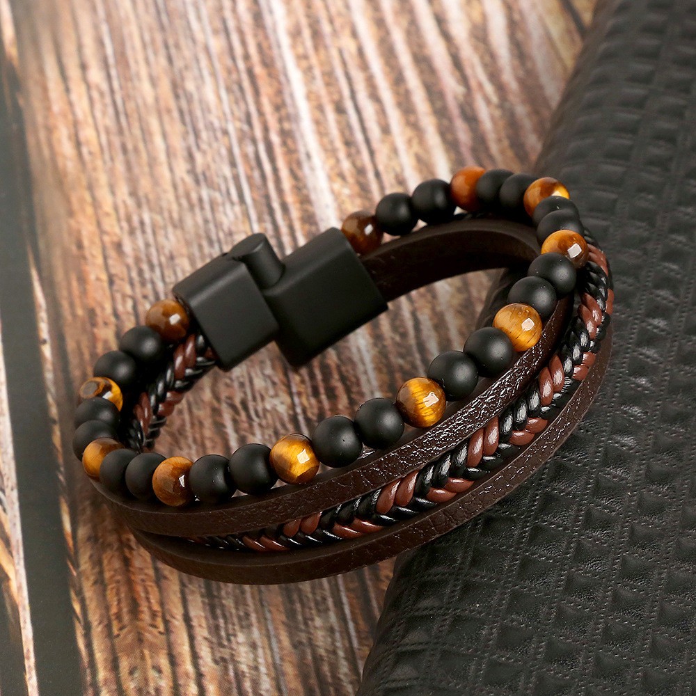 Men’s Tiger Eye Natural Stone Layered Braided Leather Beaded Bracelet
