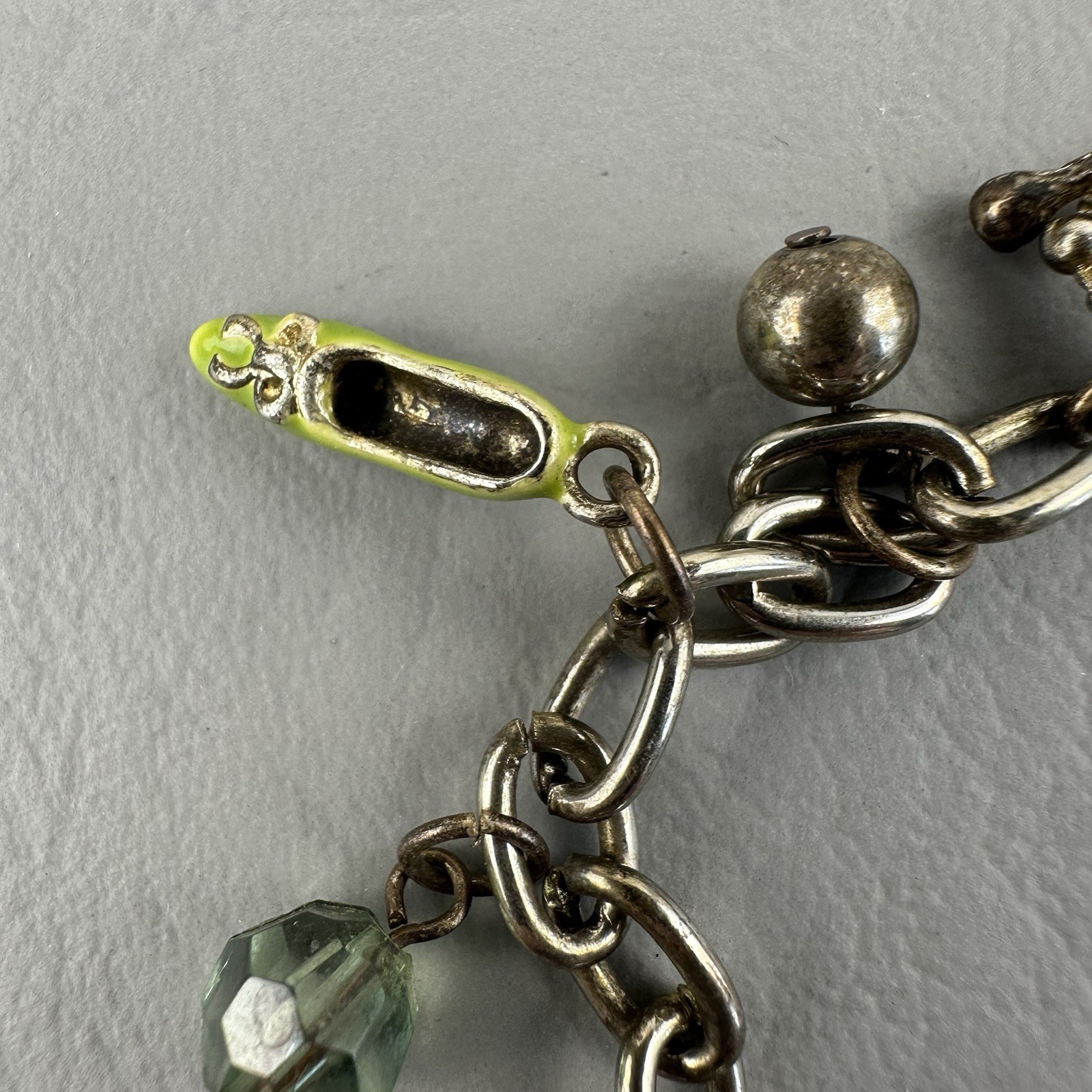 Vintage Charm Bracelet Enamel Shoe Charms Faceted Glass Beads Toggle Clasp 6.5″