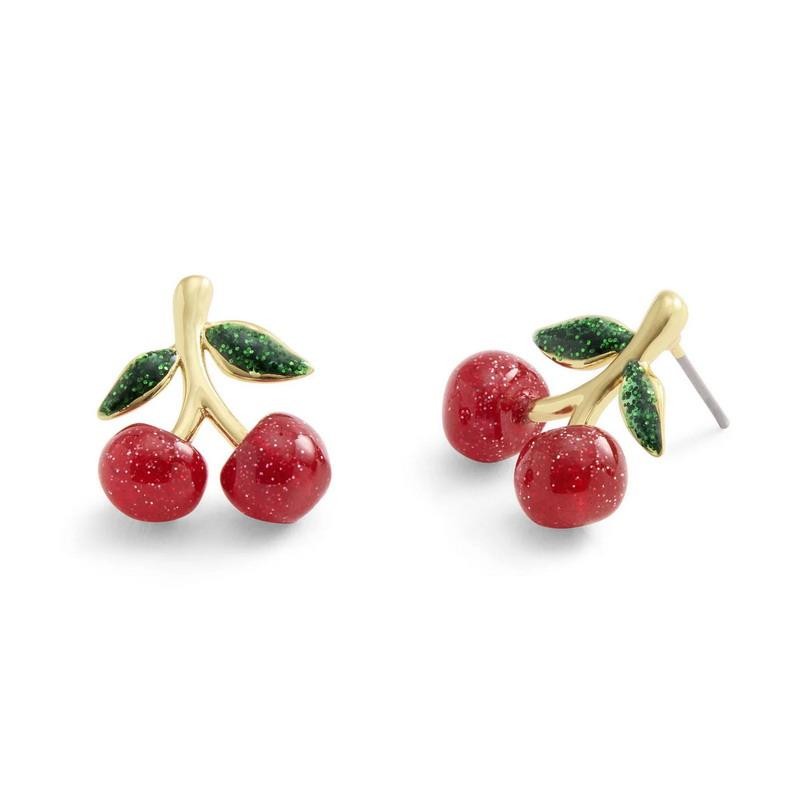 NWT Coach Red Glitter Cherry Stud Earrings Gold Plated