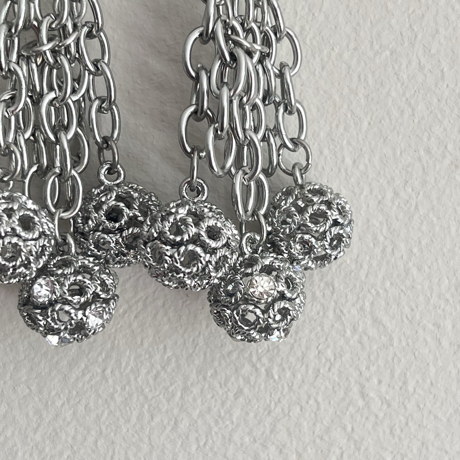 Dangle Earrings Silver Tone Chains Openwork Filigree Balls Fashion Jewelry 3.5in
