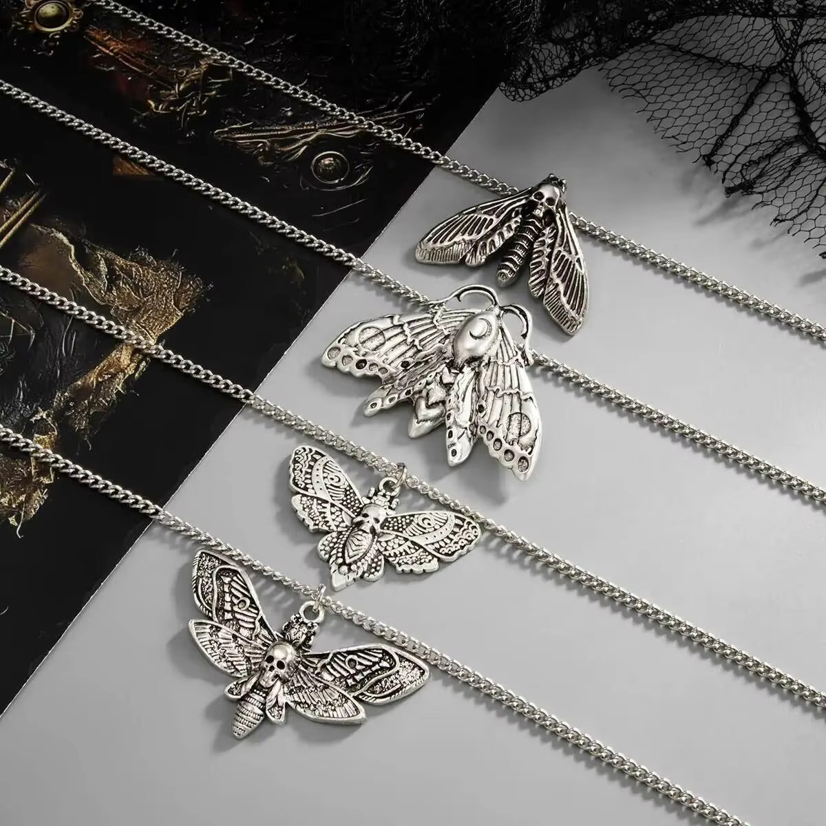 4PCS Gothic Skull Butterfly Pendant Necklace Set Silver Tone Punk Chain Women