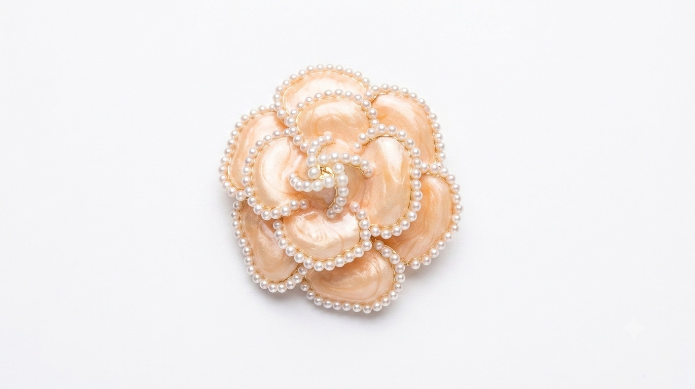 Elegant Brass Flower Brooch Peach Enamel Faux Pearl Pin Women Party Dress