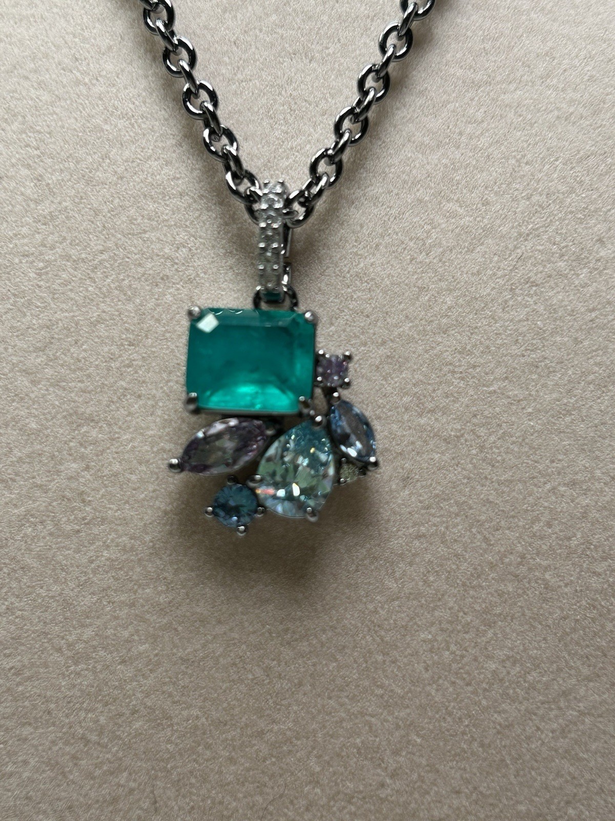 Hematite plated Cable Chain Necklace with Green Blue Cluster Rectangular Pendant