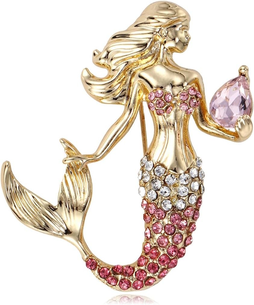 Fish Tail Mermaid Brooch Zinc Alloy Gold Plated Crystals Pins for Women