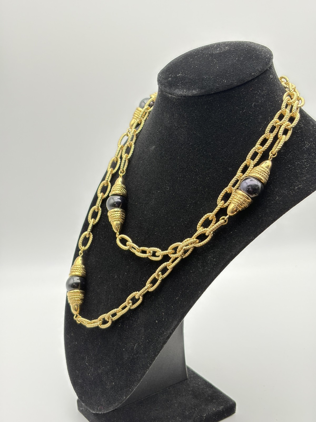 Gold Tone Rope Link Chain Necklace Black Bead Station Long Layering Statement