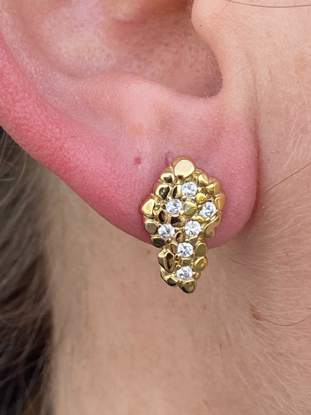 Mens CZ Solid 925 Sterling Silver Plated 14k Gold Nugget Earrings Large Studs