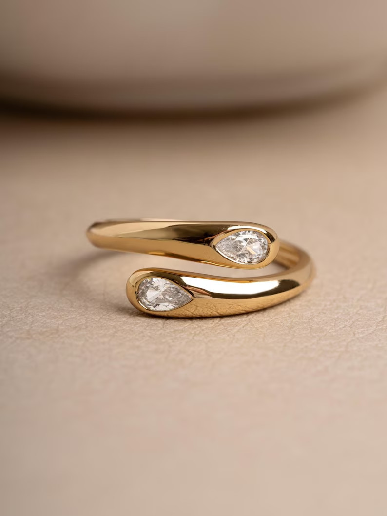 3.20 Ct Pear Cut Simulated Diamond Wrap Bypass Band Ring 14k Yellow Gold Plated
