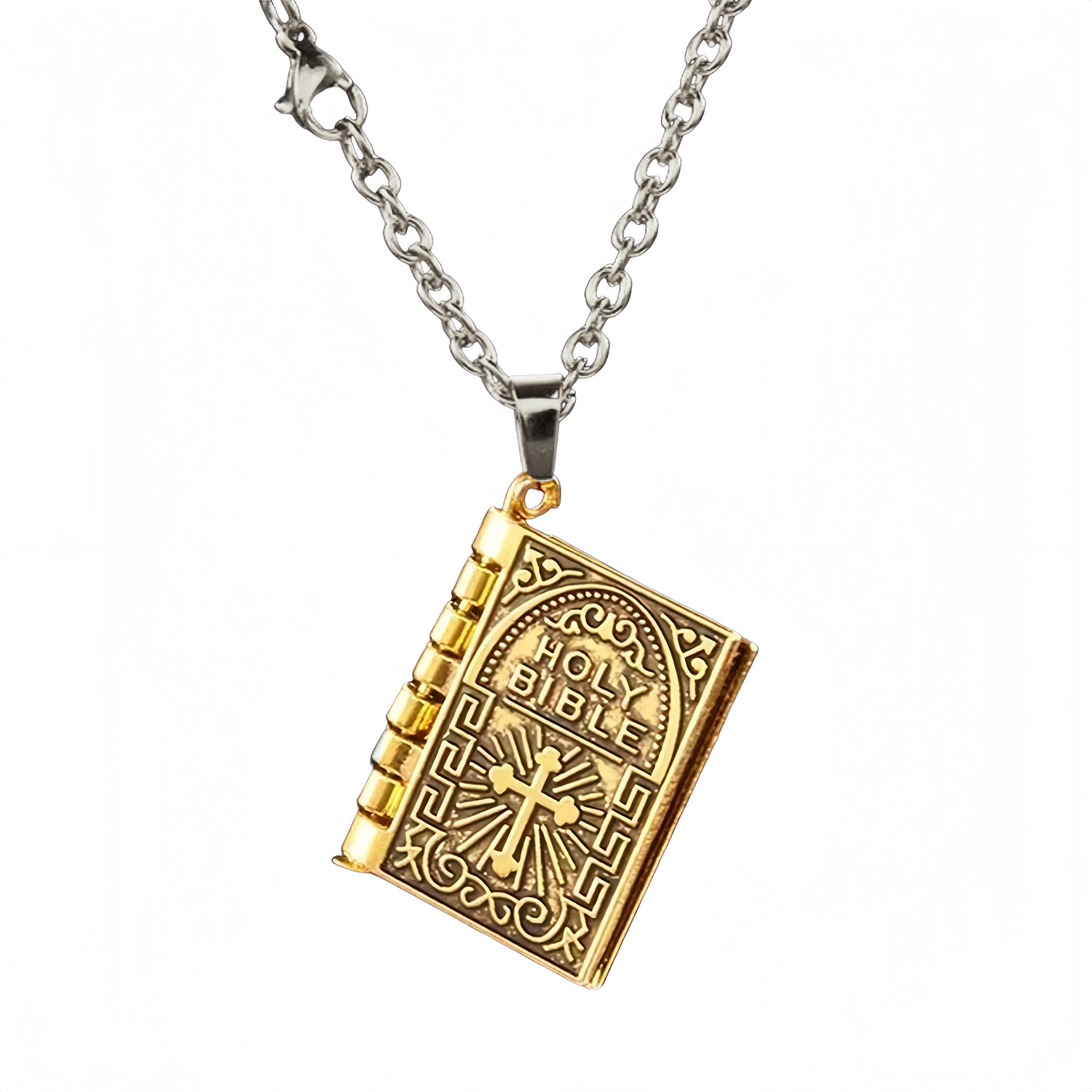 Bible Book Pendant Necklace Vintage Silver Cross Unique Jewelry For Men Women US