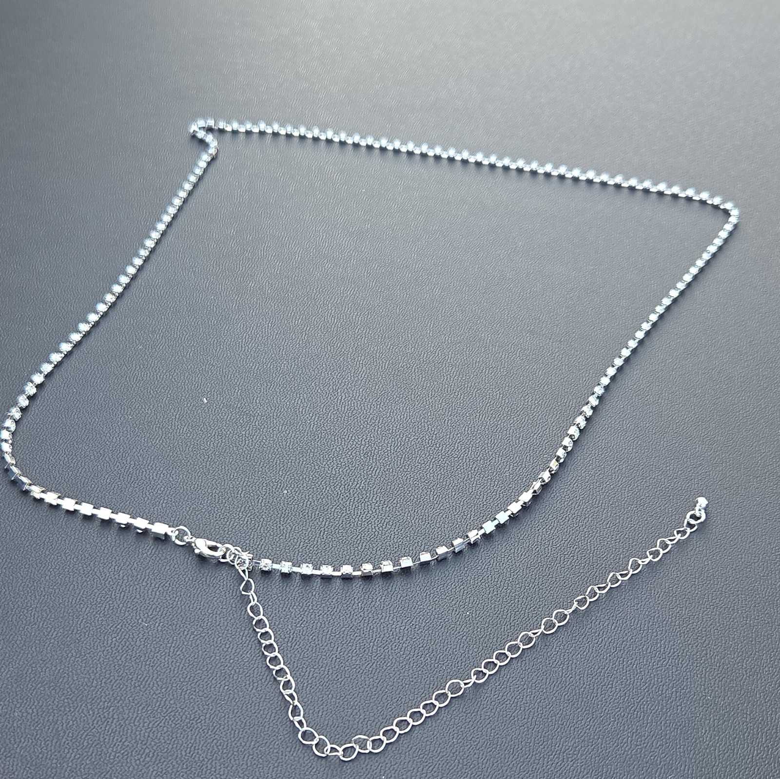 Silver Tone Crystal Tennis Chain Necklace Adjustable Lobster Clasp Prong Set
