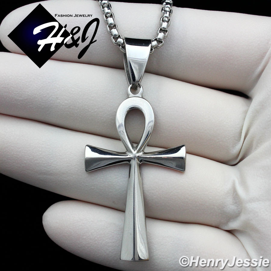 18-36″MEN Stainless Steel 3mm Silver Box Chain Plain Ankh Key Cross Pendant*P106