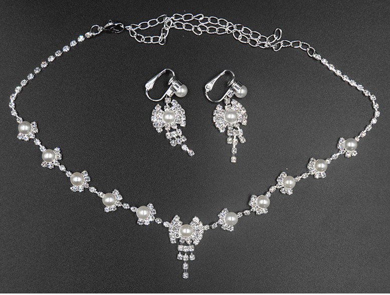 Bridal Wedding Rhinestone Crystal Pearl Necklace Stud Earrings Jewelry Set Party