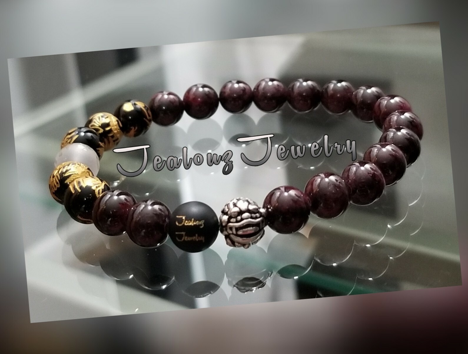 Sterling Silver Dragon Mens 8mm Garnet Stability Yoga Gemstone Stretch Bracelet