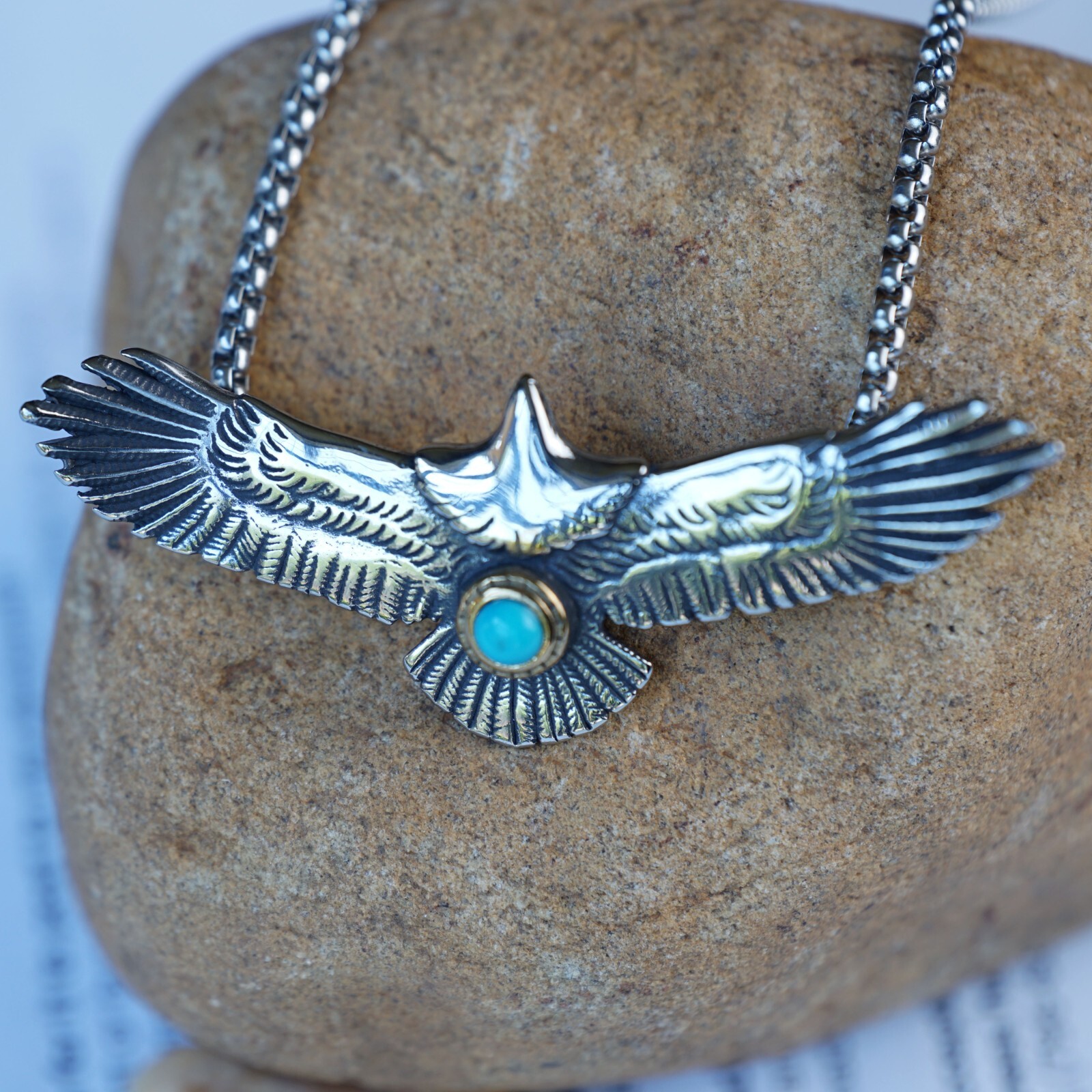 Stainless Steel Spiritual Biker Punk Turquoise Hawk Eagle Pendant Necklace Chain