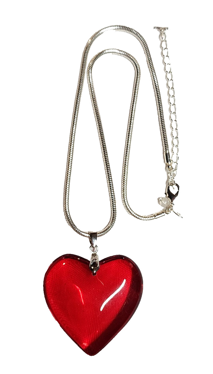 Large Red Heart Love Silver Tone Pendant Necklace Y2K Style Statement 20″ Retro