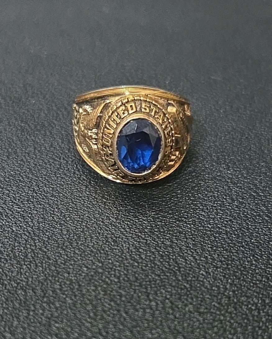 US airforce Military Signet Band Ring Gold Tone Bezel Blue Oval Stone Size 6