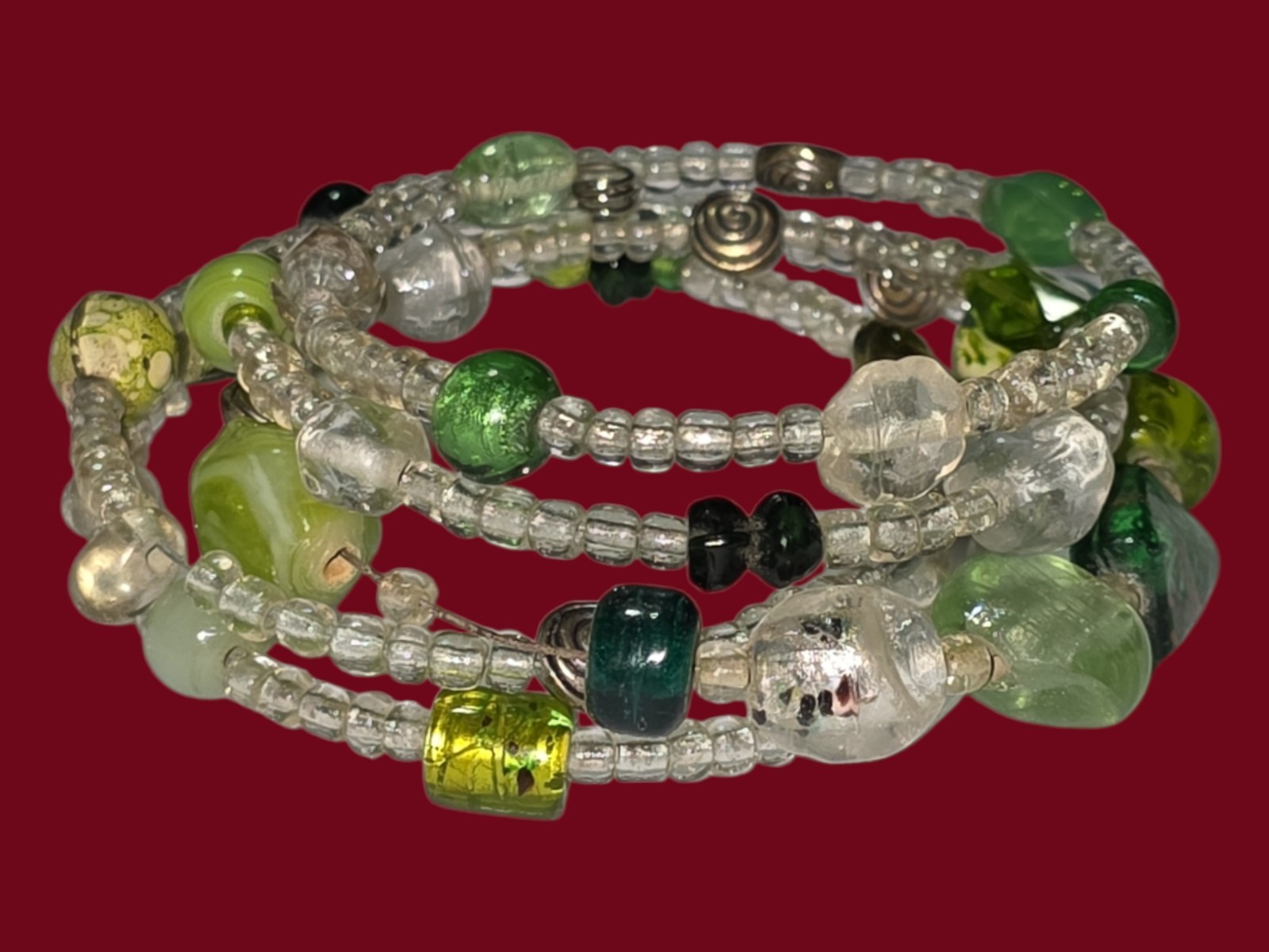 2 Memory Wire Green & Multi Color Peacock Beads Layered Bracelet Fits All Wrists